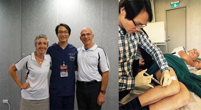與Dr. John Lyftogt夫婦合影;於master class訓練時幫老師打針測火候